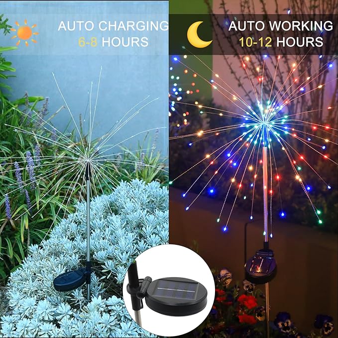 Solar Garden Firework Lights Outdoor Waterproof, 2 Pack Solar Lighting with 8 Lighting Modes , 120 LED Sparklers | Lumora
