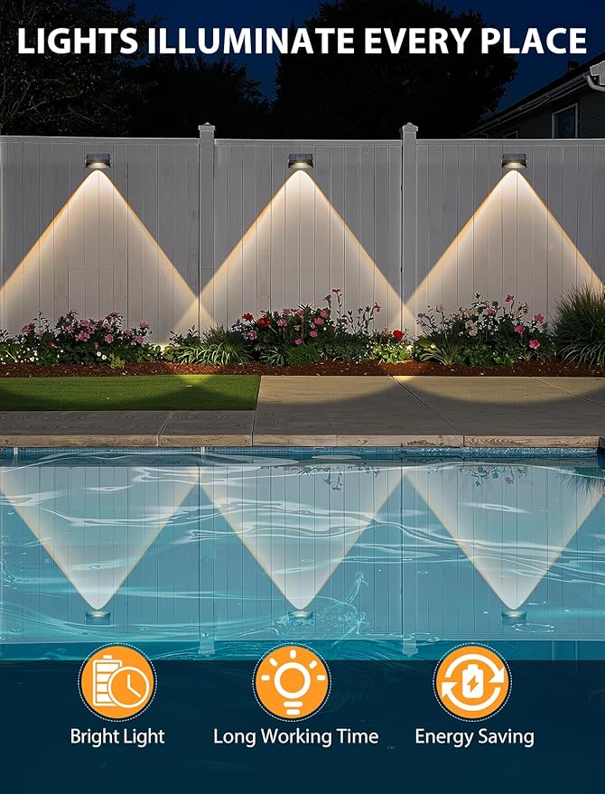 Solar Fence Lights Outdoor, Warm White, Bright Led Fence Powered Lights Outdoor Waterproof Solar Powered Wall Lighting, Dusk to Dawn Solar Deck Light for Backyard/Railing/Step/Patio/Porch (12 Pack)