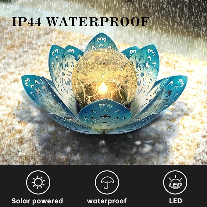 2 Pack Solar Lights Outdoor Garden 6.3 " Glass Lotus Lamp Waterproof LED Metal Flower Lights Outdoor Garden Table Decor for Outside Balcony, Patio, Deck, Porch, Walkway