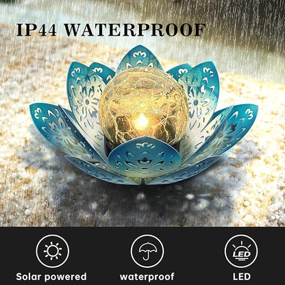 2 Pack Solar Lights Outdoor Garden 6.3 " Glass Lotus Lamp Waterproof LED Metal Flower Lights Outdoor Garden Table Decor for Outside Balcony, Patio, Deck, Porch, Walkway
