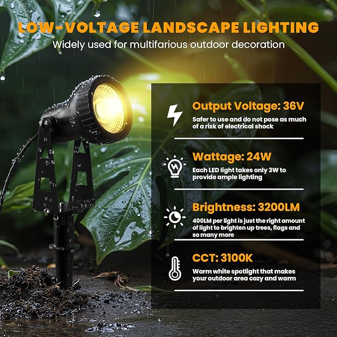 Outdoor Landscape Lighting, 8-Pack Low Voltage LED Spot Lights with Transformer, Waterproof IP65 Outdoor Landscape Lights for Garden, Yard, Backyard, Lawn, Trees, House, Flags – Warm White