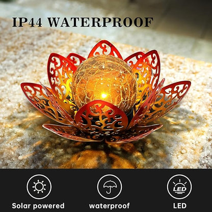 3 Pack Solar Lights Outdoor Garden 6.3 " Glass Lotus Lamp Waterproof LED Metal Flower Lights Outdoor Garden Table Decor for Outside Balcony, Patio, Deck, Porch, Walkway
