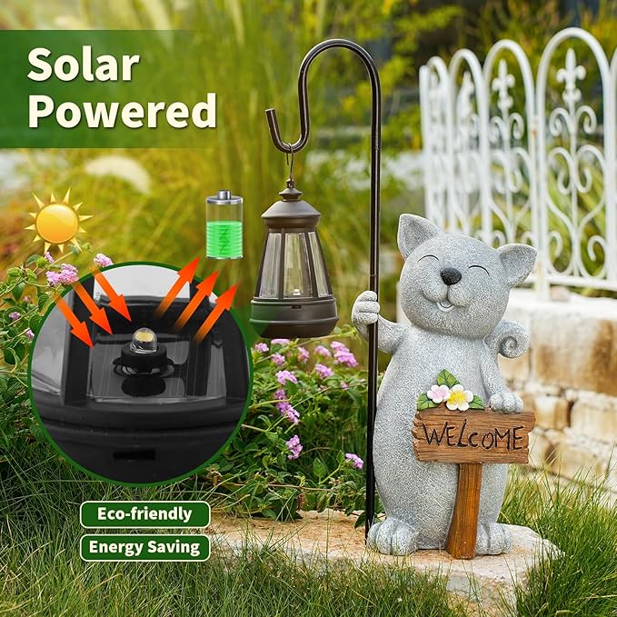 Solar Cat Outdoor Garden Lights Solar Powered Lantern Resin Statue for Outside Balcony Garden Decor Gift for Grandma Women 18 * 5.58 * 9 inch (Gray Lantern Cat)