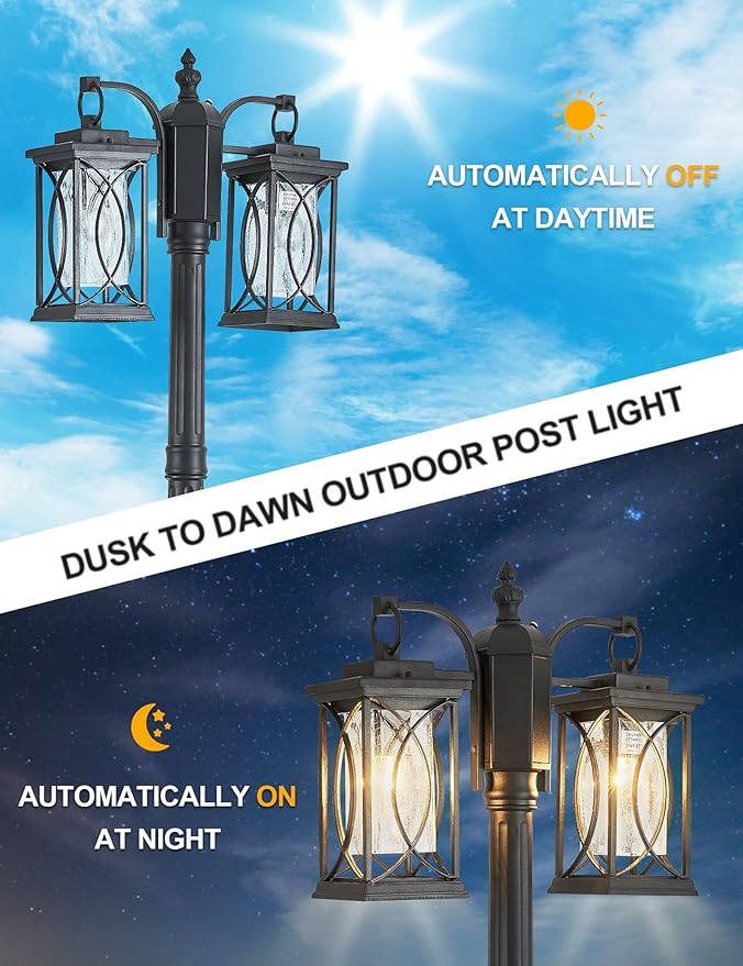 Dusk to Dawn Outdoor Lamp Post Light Modern 2-Head Street Pole Light Fixtures with Outlet, Waterproof Black Outside | Lumora
