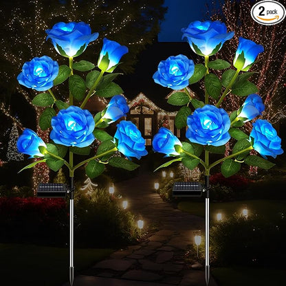 DWH 2 Pack Solar Garden Lights Outdoor, 7-Flower Rose LED Stake Light for Yard Patio Pathway Lawn Fence Cemetery, Blue