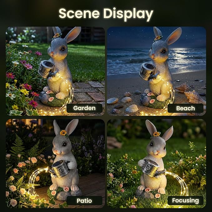 Solar Rabbit Garden Statues Outdoor Decor, Resin Rabbit Figurine Decorations with Solar Light, Whimsical Bunny Sculpture for Patio, Balcony, Yard, Lawn Ornament, Perfect Garden Gift