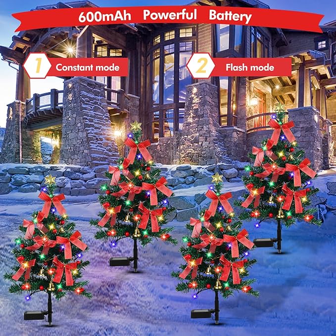 Solar Christmas Trees Decorations, 2 Pack Solar Powered Xmas Tree Lights, Pathway Lights with Multi-Color Lights | Lumora