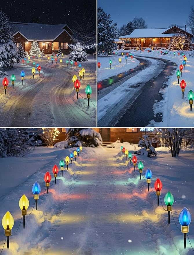 2 Pack 7FT LED Jumbo C9 Christmas Lights Pathway,4 Christmas Walkway Lights with Pathway Marker Stakes,Jumbo Clear Multicolor Big Light Bulb for Driveways Garden Holiday Christmas Decor