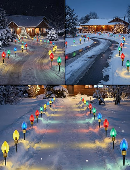 2 Pack 7FT LED Jumbo C9 Christmas Lights Pathway,4 Christmas Walkway Lights with Pathway Marker Stakes,Jumbo Clear Multicolor Big Light Bulb for Driveways Garden Holiday Christmas Decor