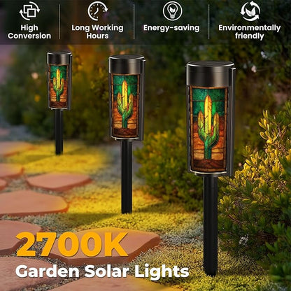 8 Pack Solar Pathway Lights Outdoor Waterproof Southwest Cactus Stained Glass Vibrant Sunset Western Art Solar Garden Lights LED Landscape Lighting for Yard Walkway Lawn Garden Decor