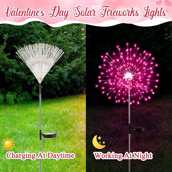 6 Pcs Valentine's Day Solar Firework Lights Solar Lights Outdoor Garden 120 LED 8 Modes Waterproof LED Sparkler Outdoor for Valentines Patio Yard Pathway Walkway (Red,Pink)