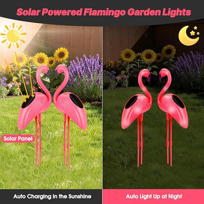 Flamingo Solar Lights Outdoor Decor, 2 Pack Waterproof Solar Powered Garden Pink Flamingos for Yard Decorations, Flamingo Gifts for Women Mom Grandma Outside Walkway Pathway Patio Lawn Ornaments
