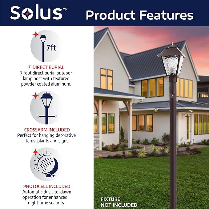 Solus 7-Foot Direct Burial Lamp Post – Aluminum Outdoor Light Pole with Decorative Cross Arm & Dusk-to-Dawn Sensor | Lumora