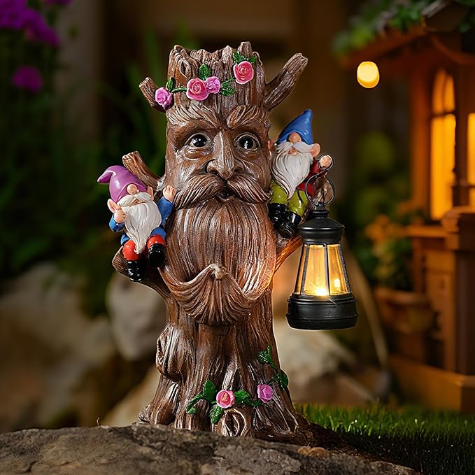 Whimsical Tree Ent Garden Statue with Gnomes – Solar Powered Outdoor Decor with LED Lantern, Funny Yard Ornament for Lawn, Patio, Porch, or Garden