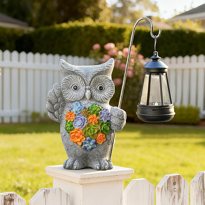 Solar Owl Garden Statue with Succulent Decor & Hanging Lantern – Outdoor Resin Decor for Patio, Yard, Balcony – | Lumora