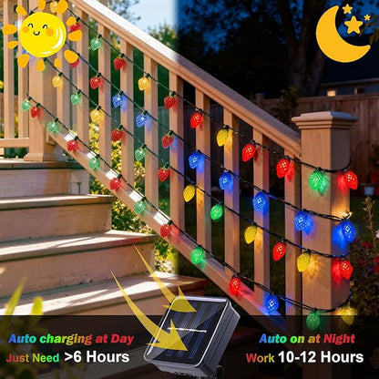 Easter Decorative Lights Outdoor Waterproof C7 50 LED Ultra Bright Strawberry Fairy String Lights 8 Modes Solar Light for Outside Garden Patio Wedding Party Christmas Decoration(Multicolor)