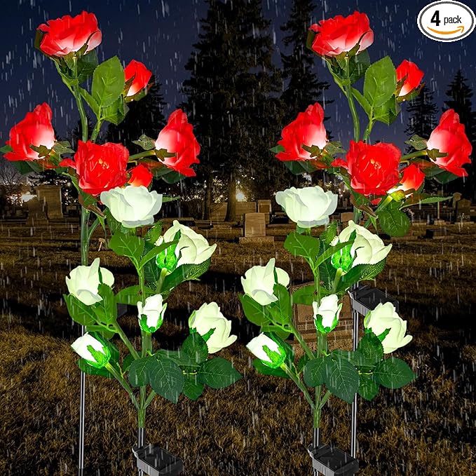 Woanger 4 Pcs Solar Flowers Cemetery Grave Decorations Outdoor LED Flower Lights with 6 Rose Powered Garden Stake Lights Waterproof for Independence Day 250 Anniversary USA Decorations(Red, White)