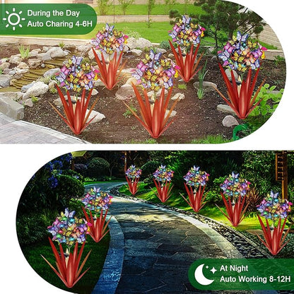 Homight Solar Metal Agave Butterfly Flower Stick Garden Sculpture - Outdoor Christmas Lights, Swaying Solar Lights Gift (2 PCS RED)