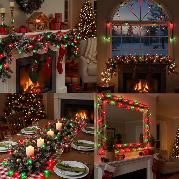 25FT Red and Green Christmas Lights, C9 Waterproof Red Green Outdoor Light with 26 Bulbs (1 Spare), Shatterproof Hanging String Lights for Home Garden Yard Xmas Tree Decorations