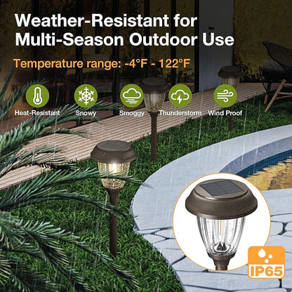 XMCOSY+ Solar Lights Outdoor Waterproof IP65 10/25 LM LED with 2 Lighting Modes 6 Pack | 15 LM Garden Lights with Metal Glass, 2-Tone Bronze & Wood (Color) Pathway Lights 4 Pack (Warm White)