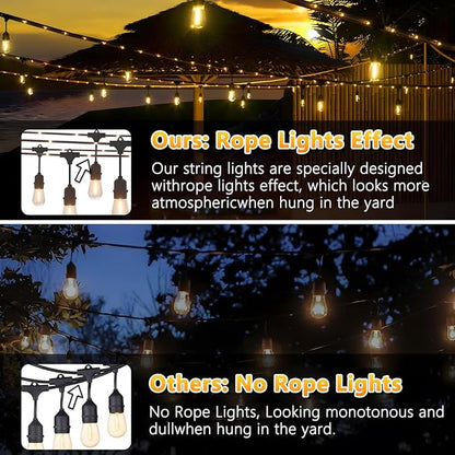 Outdoor String Lights with Lighted Tubing, 24 ft Outside String Lights with 13 (12+1spare) S14 Retro Bulbs & 72-LED Lighted Fairy Tubing, IP65 Waterproof &Connectable LED Light for Patio Bistro