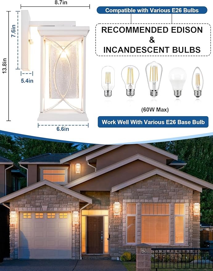 White Outdoor Sconce Dusk to Dawn Exterior Light Fixtures Wall Mount Porch Light Modern Outdoor Wall Light Aluminum with Crack-Like Glass IP65 Waterproof Outside Coach Light for House