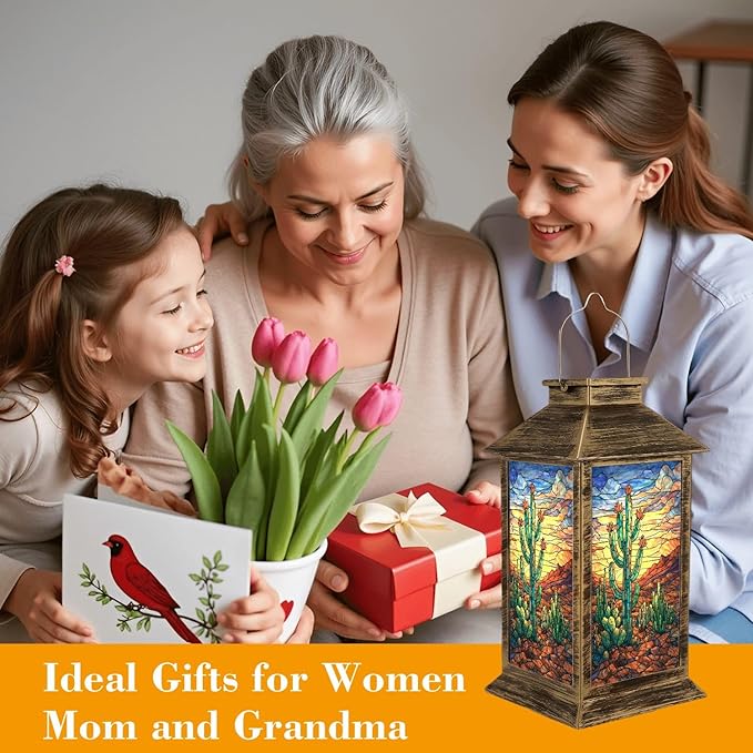 Solar Lantern Outdoor Waterproof Art Storm Clouds Prickly Pear Flowers Garden Decor LED Solar Lights Hanging/Tabletop Lamp Gifts for Women Mom for Outside Yard Patio