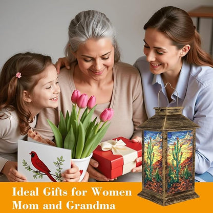 Solar Lantern Outdoor Waterproof Art Storm Clouds Prickly Pear Flowers Garden Decor LED Solar Lights Hanging/Tabletop Lamp Gifts for Women Mom for Outside Yard Patio