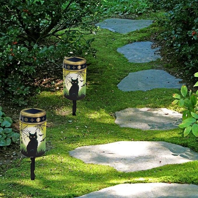 Garden Stake Light, Black Cat Spider Web - Halloween Solar Lights for Cemetery Grave,Solar Pathway Lights Outdoor,Lawn Yard Patio Garden Decor
