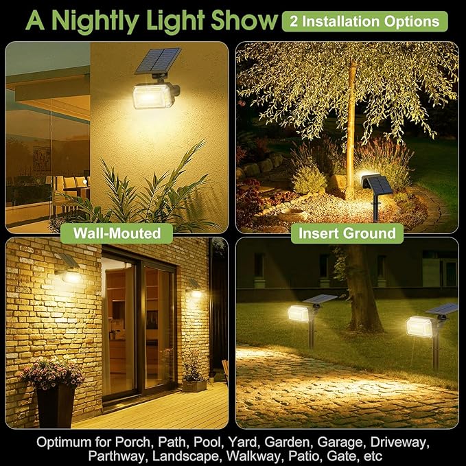 102 LED Solar Spot Lights Outdoor Waterproof IP65, Adjustable Landscape Spotlights, [2 Pack/4 Modes] Auto On/Off | Lumora