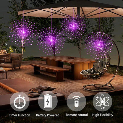 2 Pack Starburst Sphere Lights,200 LLED Firework Lights, 8 Modes Dimmable Remote Control Waterproof Hanging Fairy Light, Copper Wire Light for Patio Parties Christmas (Purple)