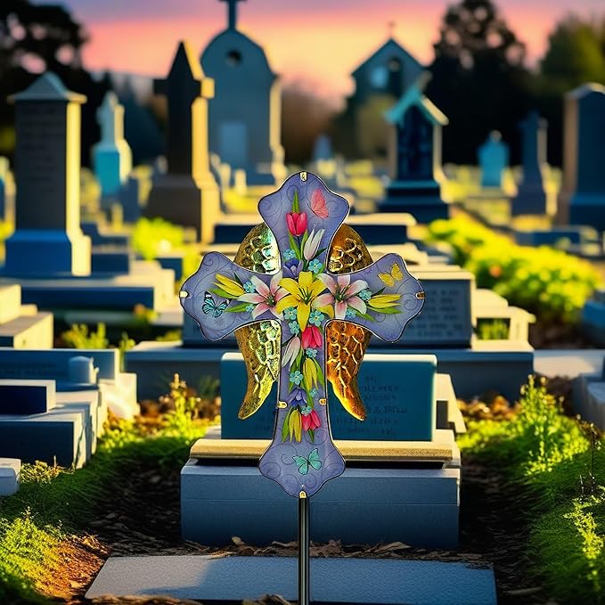 WAIU Solar Cross Garden Stake Lights,Metal Angel Wing & Acrylic Flowers Cross Solar Christmas Lights Outdoor,Waterproof Memorial Garden Decor for Cemetery,Grave,and Remembrance Gifts