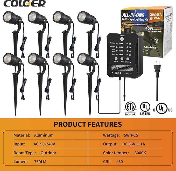 COLOER All-in-One Low Voltage Landscape Lighting Kit, 8 Pack 5W Landscape Lights with Transformer and Connectors | Lumora