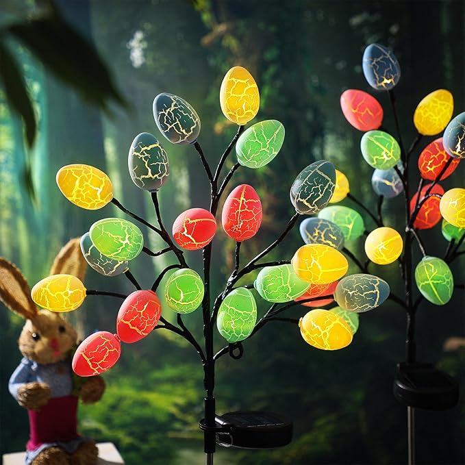 4 Pack 80 LED Easter Eggs Lights Solar Powered Outdoor Decorations Waterproof Colorful Solar Stake Lights for Lawn Pathway Landscape Garden Yard Porch Patio Decor(Easter Eggs)