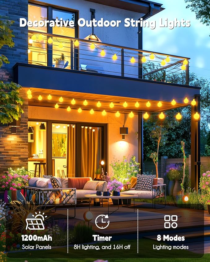 Brightown Solar String Lights Outdoor Waterproof, 19.6Ft 60 LED Globe Solar Patio Lights, 8 Modes Balcony Lights | Lumora