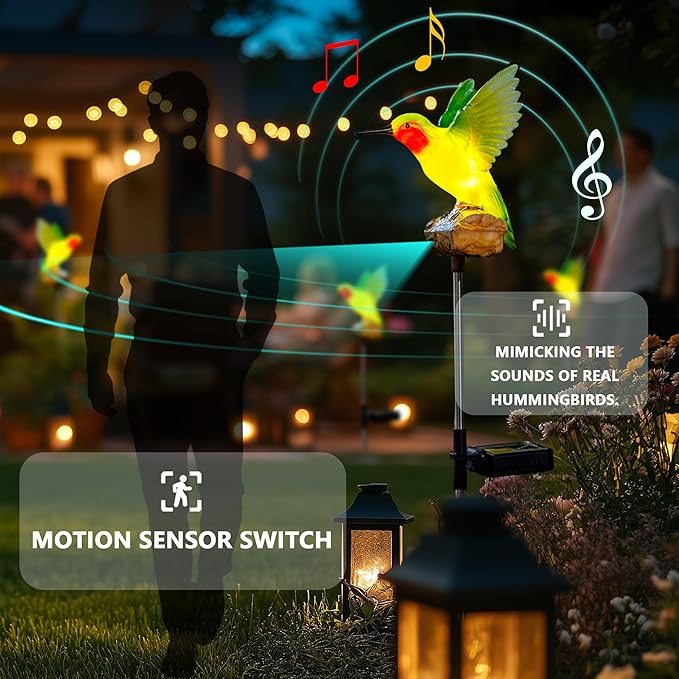 Hummingbird Solar Garden Statue with Motion Sensor Realistic Chirping Sound Lifelike LED Solar Powered Outdoor Decor for Yard Patio Cemetery Memorial Gift for Mom Grandma