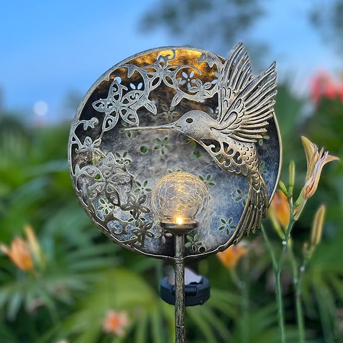 Hummingbird Solar Light Garden Outdoor Decoration Hollow Carving Flowers Crackle Glass Ball Metal Stake for Pathway | Lumora