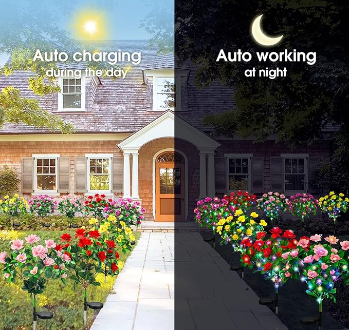 Ouddy Decor 4 Pack Solar Garden Lights, Solar Azalea Flowers with 56 Colorful LED Upgrade Waterproof Pathway Lights for Yard Decor Fence Patio Lawn Decor Mothers Day Gardening Gifts