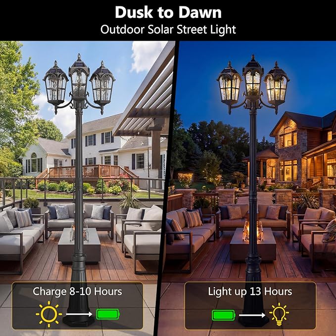 Emliviar 82.7" 3-Head Outdoor Solar Lamp Street Lights, Dusk to Dawn Post Lighting for Driveway Garden, LED | Lumora