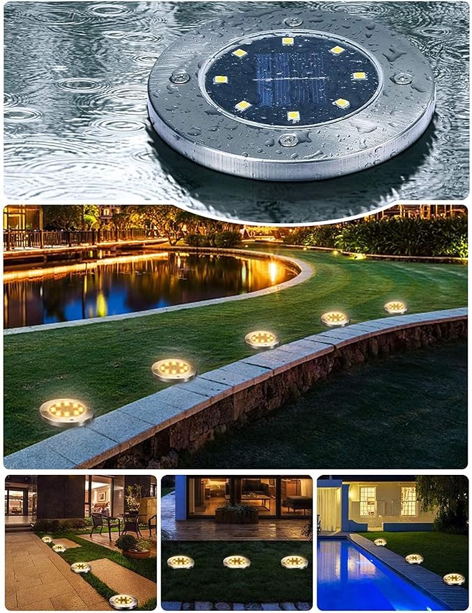 Solar Ground Lights for Outdoor Garden – 8 LED Waterproof Disk Lights, Warm White In-Ground Landscape Lighting for | Lumora