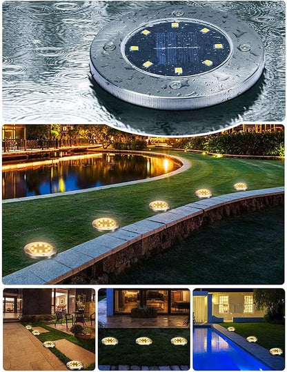 Solar Ground Lights for Outdoor Garden – 8 LED Waterproof Disk Lights, Warm White In-Ground Landscape Lighting for Walkways, Lawns, Decks, Stairs, Pathways & Fences (8-Pack)