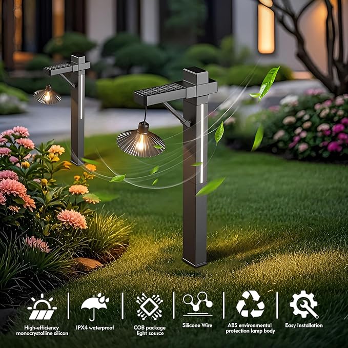 Outdoor Solar Pathway Lights 2 Pack,COB E26+Side LED Glow Auto On/Off Waterproof IPX4,Stake or Surface Mount for Patio Driveway Yard Garden Path