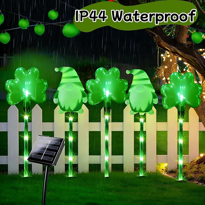 5 Pack St. Patrick's Day Solar Pathway Lights Outdoor - Green LED Shamrock Stake Lights, Waterproof Solar Powered Plug-in Gnome Lawn & Garden Decor for Yard, Walkway, Irish Party Decorations