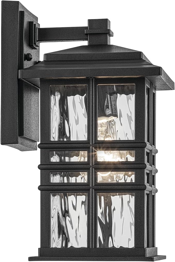 Kichler Beacon Square 12" 1-Light Outdoor Wall Light with Clear Hammered Glass in Textured Black, for Exterior | Lumora