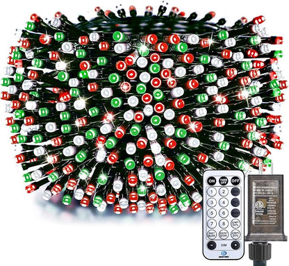 Minetom 50 Ft 1000 LED Cluster Lights Christmas Tree Lights Outdoor Christmas Firecrackers String Light, 12 Modes Timer Remote Waterproof Plug in Twinkle Light for Xmas Tree Party, Red Green ＆ White
