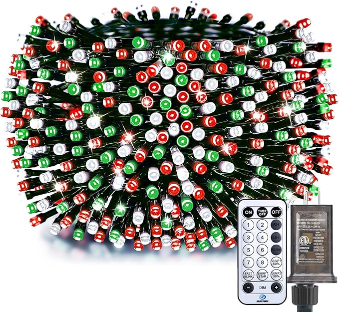 Minetom Red Green White Christmas Lights, 66ft 200 LED Outdoor Christmas Tree Lights with Remote, 8 Modes String Lights Plug-in Mini Xmas Tree Lights with Timer for Outside Party Decor