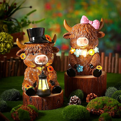 Retisee 2 Pcs Solar Highland Cow Garden Statues Resin Garden Highland Cow Statues with Flower LED Lights Outdoor Funny Solar Light Figurines Decoration for Yard Patio Lawn Gifts for Grandma Mom Women