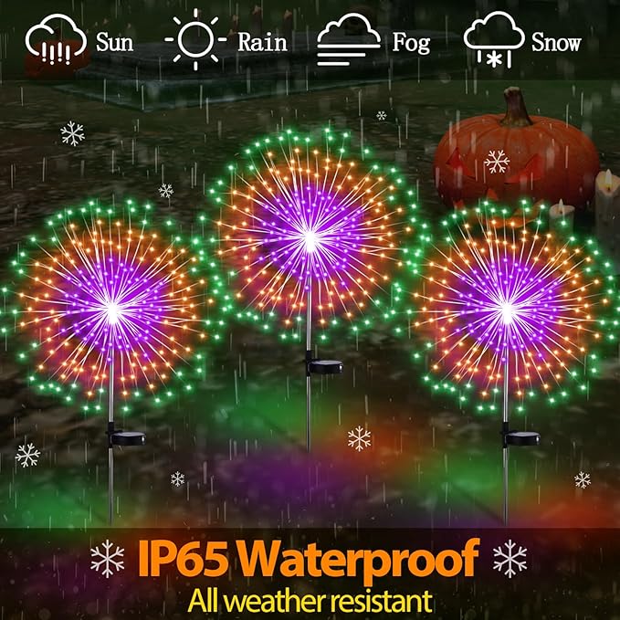 4th of July Decorations Outdoor 4 Pack Colored Solar Firework Lights with 180 LED Patriotic Solar Lights 8 Lighting Modes for Yard Pathway Garden Patio Party Decorations(Green, Orange, Purple)