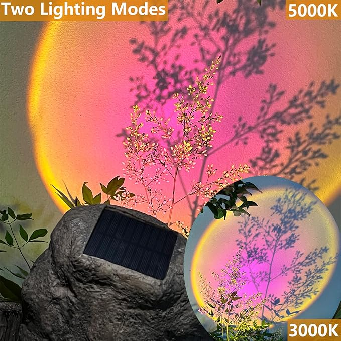 GOODFOEVER Solar Rock Lights(2pcs) Sunset Projection Lights Atmosphere Night Light Solar Powered Garden Lights Outdoor Decorative Waterproof LED Spotlight for Pathway, Walkway, Yard, Patio