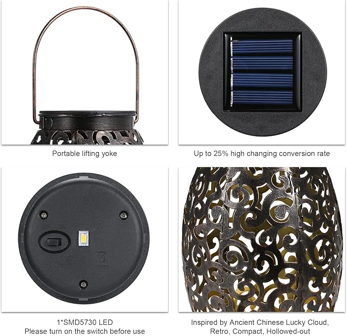 Tomshine Solar Lantern, LED Solar Outdoor Lanterns, Solar Lights Outdoor Hanging Metal Solar Powered Lantern Waterproof Decorations for Patio, Pathway, Outside, Garden Decor, Yard, Walkway
